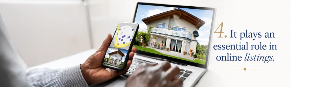 Graphic reading '4. It plays an essential role in online listings' over a photo of a tablet displaying real estate listing photos