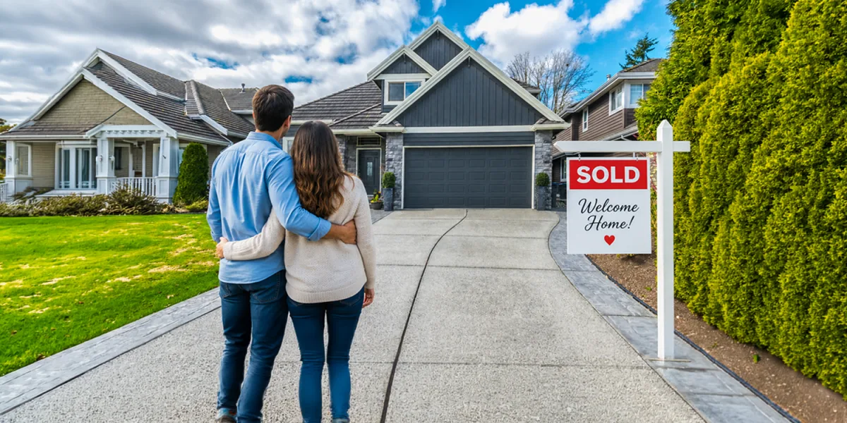 A couple standing in front of a home with a Sold, Welcome Home sign in the driveway